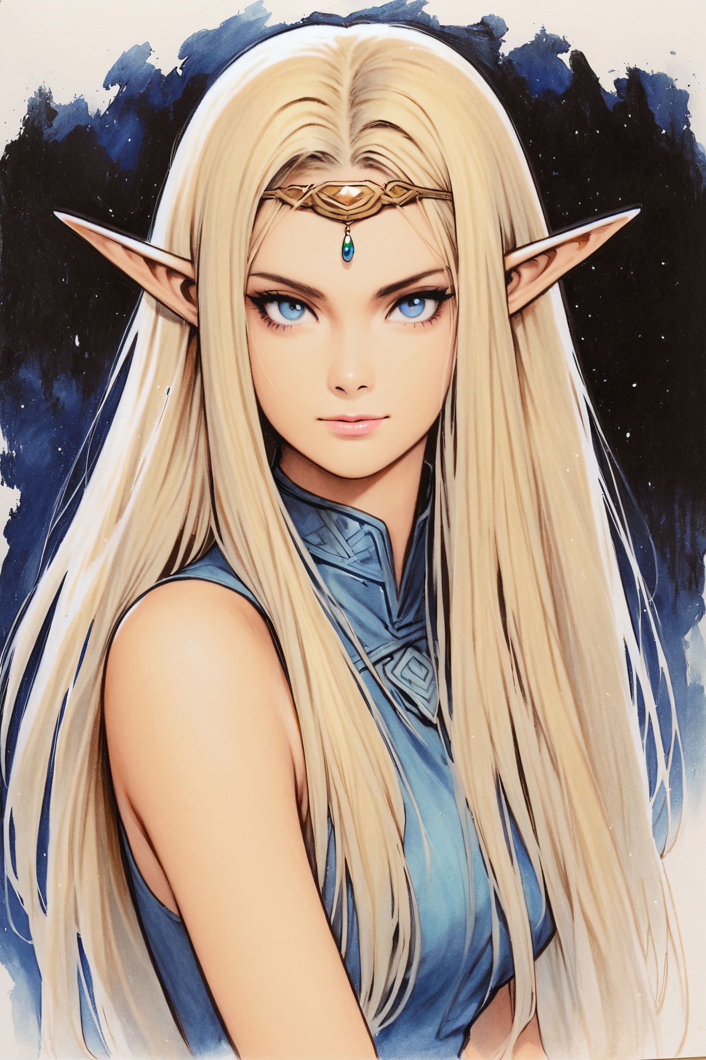 Deedlit,1girl,pointy ears,solo,blonde hair,elf,blue eyes,long hair,breasts,looking at viewer,white background,circlet,upper body,simple background,medium breasts,dress,sleeveless,lips,bangs,blue dress,closed mouth,traditional media,
<lora:shinkiro_XL_v2:0.8>,