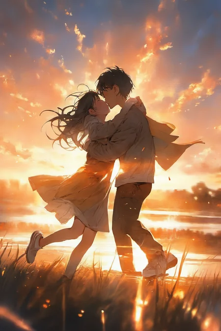 Facial focus, masterpiece, best quality, 1boy,1girl, solo, sunset background, standing, complex light particles, depth of field, film composition, best lighting, tears, crying,, hugging, kissing,running