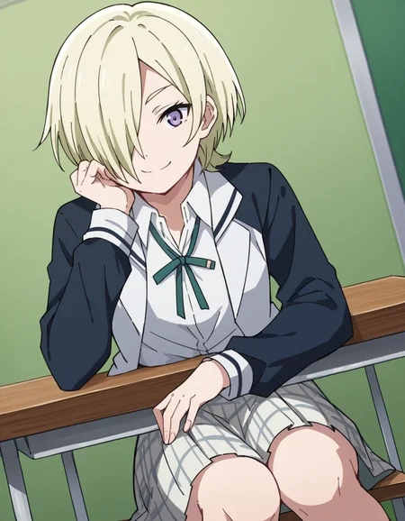 score_9, score_8_up, score_7_up, source_anime, <lora:mia-taylor-s2-ponyxl-lora-nochekaiser:1>, mia taylor, short hair, blonde hair, purple eyes, hair over one eye,, skirt, shirt, ribbon, school uniform, collared shirt, plaid, black shirt, neck ribbon, plaid skirt, white skirt, jacket, checkered skirt, nijigasaki academy school uniform,, indoors, smile, looking at viewer, solo, sitting, head rest, table,, cowboy shot, dutch angle