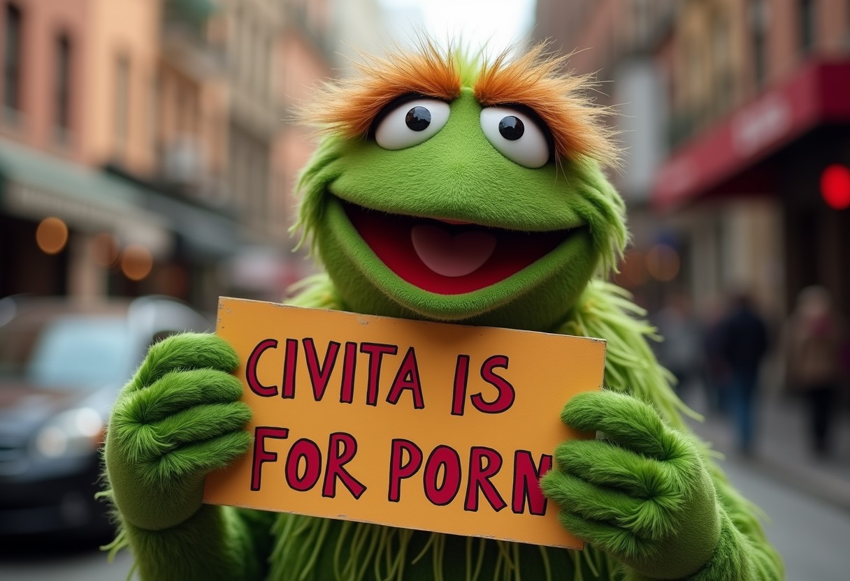 'Oscar The Grouch' holding a sign that reads; "CIVITA IS FOR PORN"