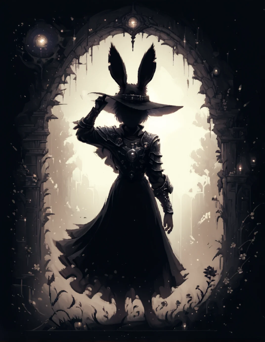<lora:d3p1x3lXLP:1>, <lora:High_Spren-000006:1>, <lora:Ghostly_Style_SDXL:1>,  score_9, score_8_up, score_7_up, solo, d3p1x3l, pixel art, (scenery), [cowboy shot], high spren, (silhouette), ((close up)), ((dynamic pose:1.4)), [arm up], ais-ghostly 1girl with ((black rabbit ears:1.4)), wearing (huge gothic heavy armor), (slim figure), (wide brim witch hat) covers eyes, tranquil expression, (freckles), (very long:1.4) silver hair, (in dark woods), (transparent bicolored abstract background), black, violet, [high contrast], embedding:zPDXL2,  <lora:hand 4:1>, <lora:aesthetic:3.0>, zPDXL2, Hand, aesthetic,