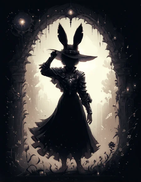 <lora:d3p1x3lXLP:1>, <lora:High_Spren-000006:1>, <lora:Ghostly_Style_SDXL:1>,  score_9, score_8_up, score_7_up, solo, d3p1x3l, pixel art, (scenery), [cowboy shot], high spren, (silhouette), ((close up)), ((dynamic pose:1.4)), [arm up], ais-ghostly 1girl with ((black rabbit ears:1.4)), wearing (huge gothic heavy armor), (slim figure), (wide brim witch hat) covers eyes, tranquil expression, (freckles), (very long:1.4) silver hair, (in dark woods), (transparent bicolored abstract background), black, violet, [high contrast], embedding:zPDXL2,  <lora:hand 4:1>, <lora:aesthetic:3.0>, zPDXL2, Hand, aesthetic,