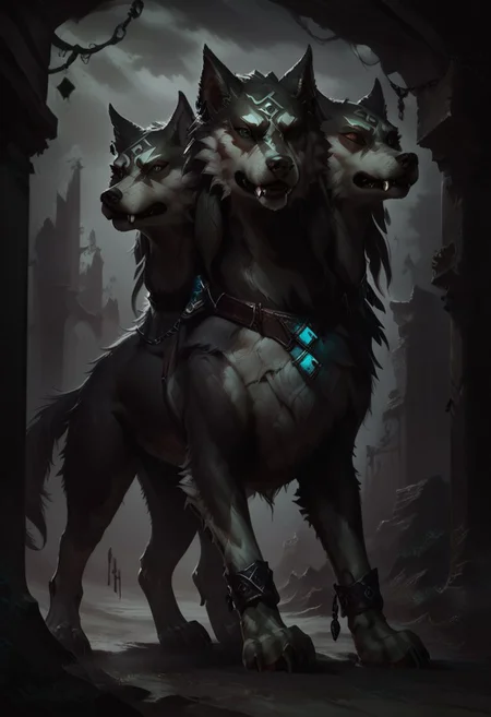 score_9, score_8_up, score_7_up, wlflnk, feral, cerberus, animal focus, scenery, concept art, realistic, dark theme, low light,