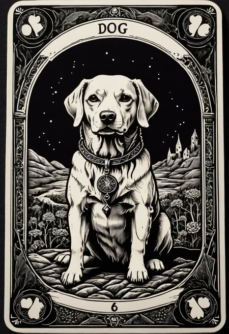 tarot_card, dog, front perspective, flat, frame,( square:1.1), (white outline:1.2) <lora:tarot_card:1>