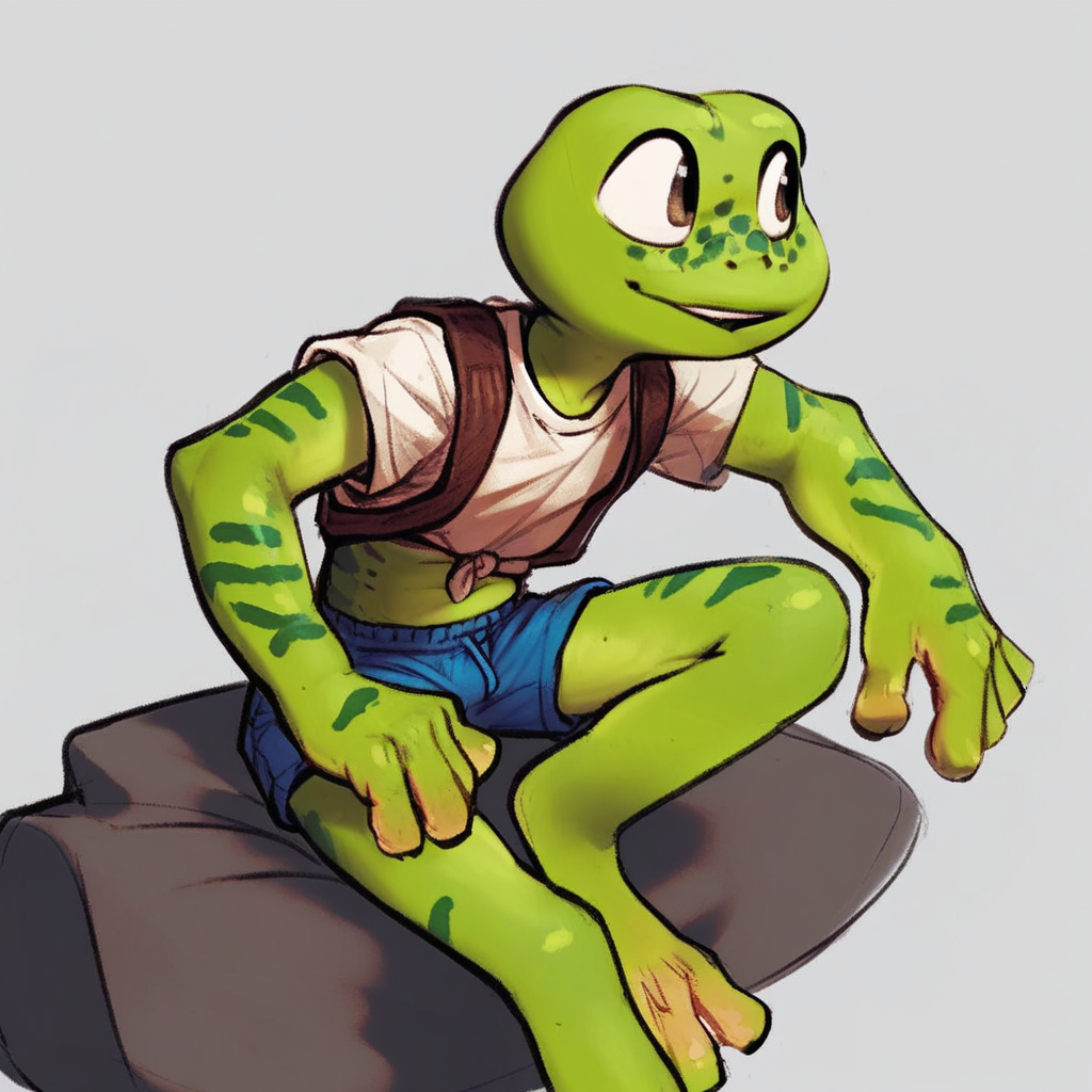 Frogger, anthro, frog, green skin, freckles, white shirt, blue shorts, sitting, score_9, score_8_up