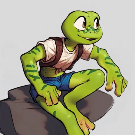 Frogger, anthro, frog, green skin, freckles, white shirt, blue shorts, sitting, score_9, score_8_up