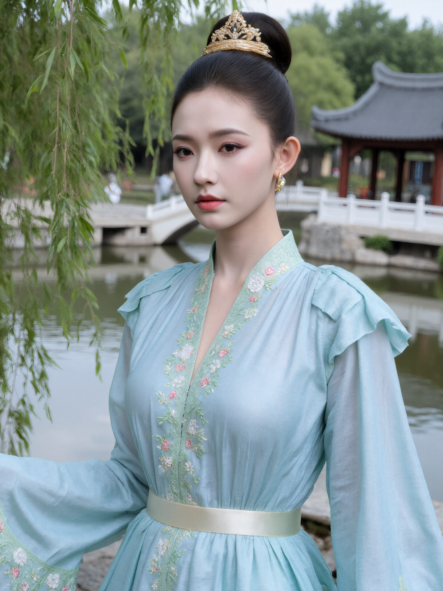 This is a high-resolution photograph featuring a young Asian woman with a fair complexion and delicate facial features. She has a serene expression, with her lips slightly parted and her gaze directed softly ahead. Her dark hair is styled in an intricate updo adorned with ornate golden hairpieces resembling a crown, adding a refined and graceful touch.

She is wearing a traditional Chinese silk robe in light blue with long, wide sleeves and a high collar. The robe is fully closed at the front, with detailed floral embroidery along the collar, cuffs, and hem. A wide silk sash is wrapped at her waist, adding structure while maintaining a modest and elegant silhouette. Her accessories include small, dangling earrings that match her hair ornaments.

The background features a classical Chinese garden with pavilions, bridges, and flowing water beneath willow trees. A gentle breeze moves the long sleeves of her robe and the willow branches. The lighting is soft and natural, highlighting her face and the textures of the silk fabric. The composition follows the rule of thirds, placing her upper body slightly off-center, drawing attention to her calm expression and dignified appearance.