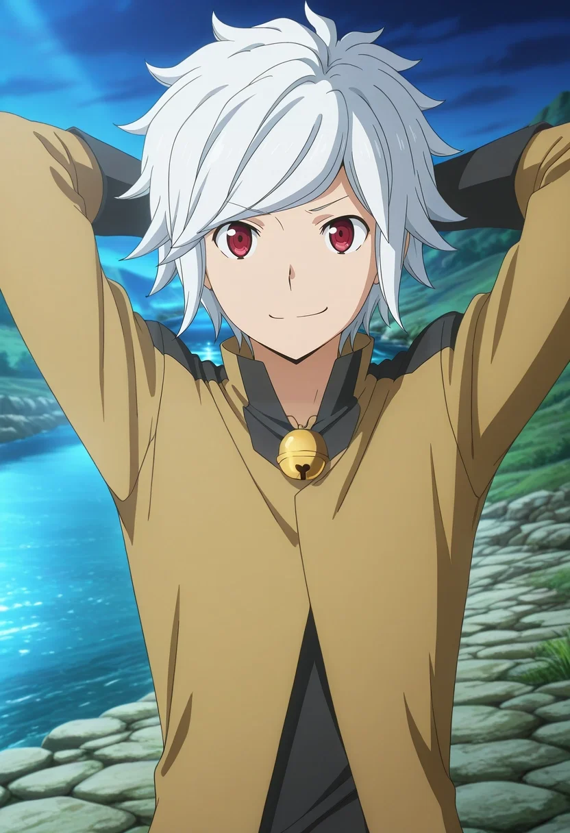 masterpiece, best quality, , anime screencap, anime coloring, official style, , 1boy, solo, male focus, <lora:bell_cranel_ilxl:1>, bell_cranel, white hair, red eyes, short hair, upper body, river, light, arms behind head, smirk,