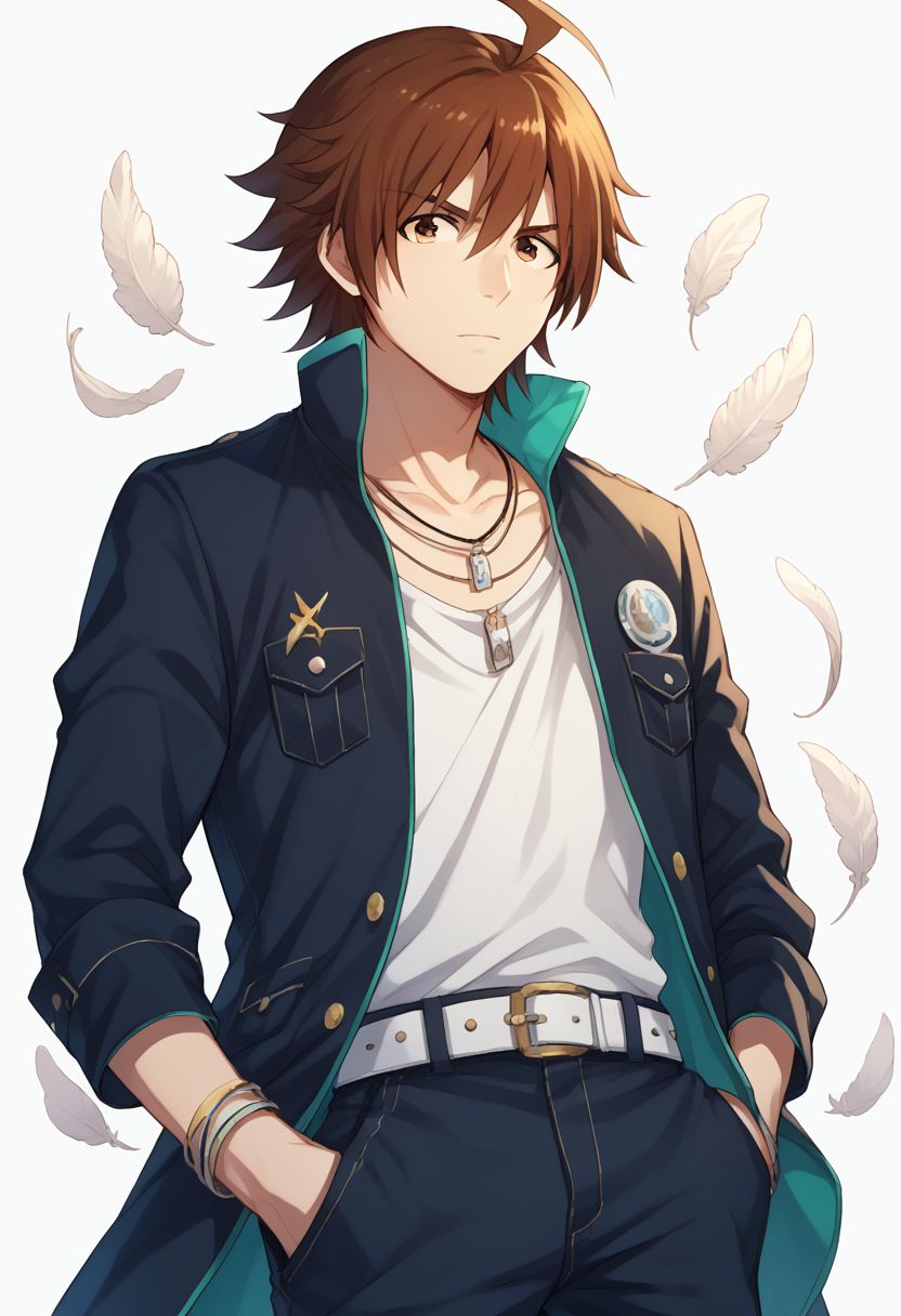 score_9, score_8_up, score_7_up, source_anime, highly detailed, 
touma, solo, brown hair, ahoge, jewelry, brown eyes, necklace, belt, hand in pocket, male focus, 1boy, feathers, jacket, pants, short hair, upper body,
indoor,