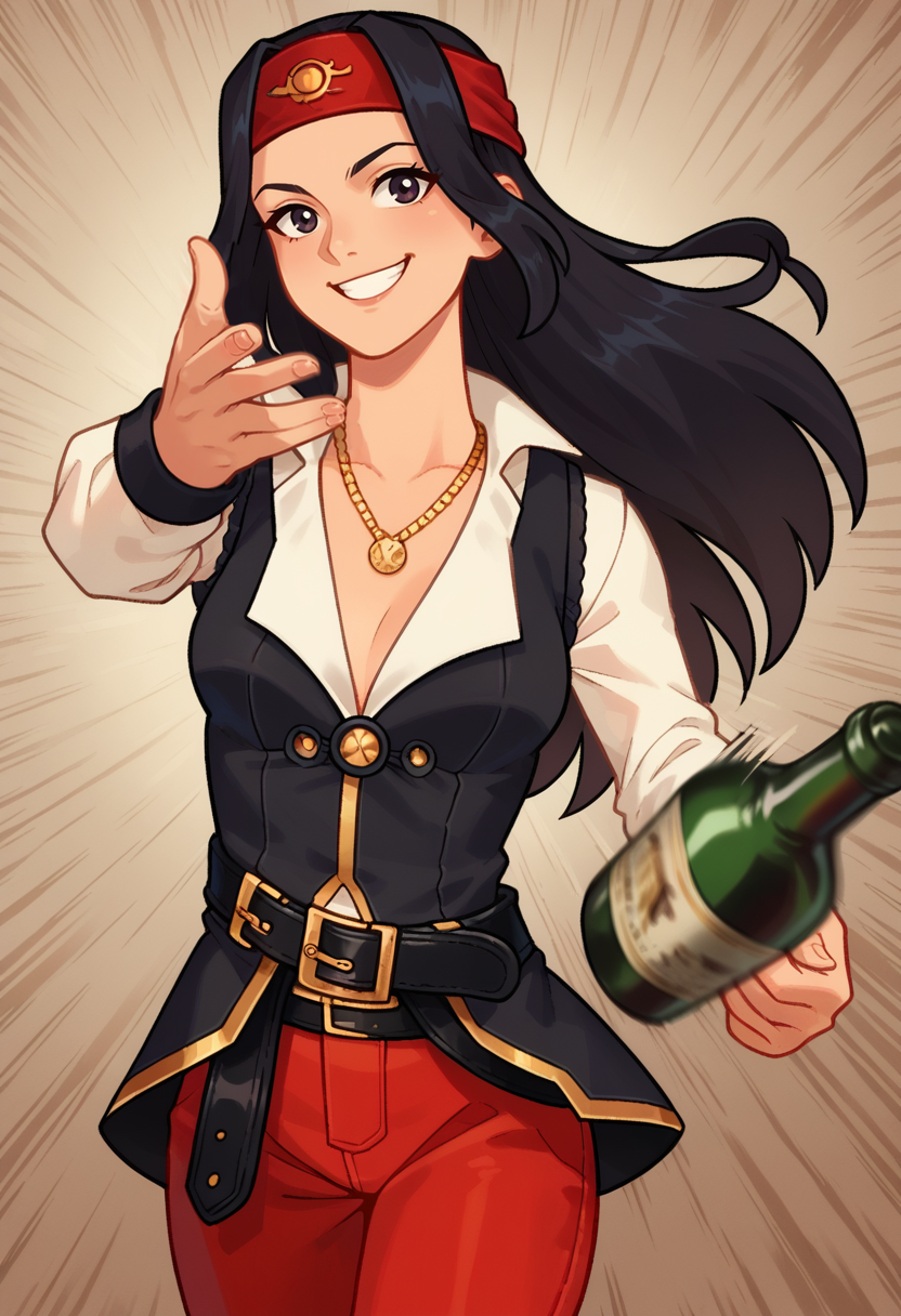 score_9, score_8_up, score_7_up, 1girl, solo, SulfS-PatR2, long hair, black hair, red headband, black vest, white shirt, necklace, red pants, black belt,
smiling, comic style, detailed background,
<lora:Patty_Steelbeard_Character__Outfit_-_Risen_2_Dark_waters:0.8>,  <lora:EminemThrowingMeme_pdxl_Incrs_v1:0.8> EminemThrowingMeme, motion lines, motion blur, throwing, (throwing alcohol bottle:1.2),