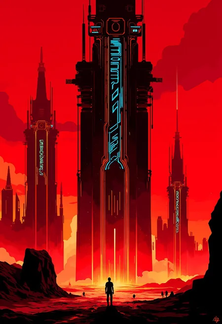 Inkpunk Anime, inksketch in red and black of towering, enigmatic structures rising from a barren, arid landscape.  Each tower is adorned with intricate, glowing lines of orange and blue lights, hinting at the advanced technology within. In the distance, other towering monoliths are visible, creating a sense of endlessness. The lighting, casting long, dramatic shadows. The camera is set at ground level, looking up at the overwhelming scale of the station, emphasizing its imposing and mysterious nature, silhouetted against a red sky.