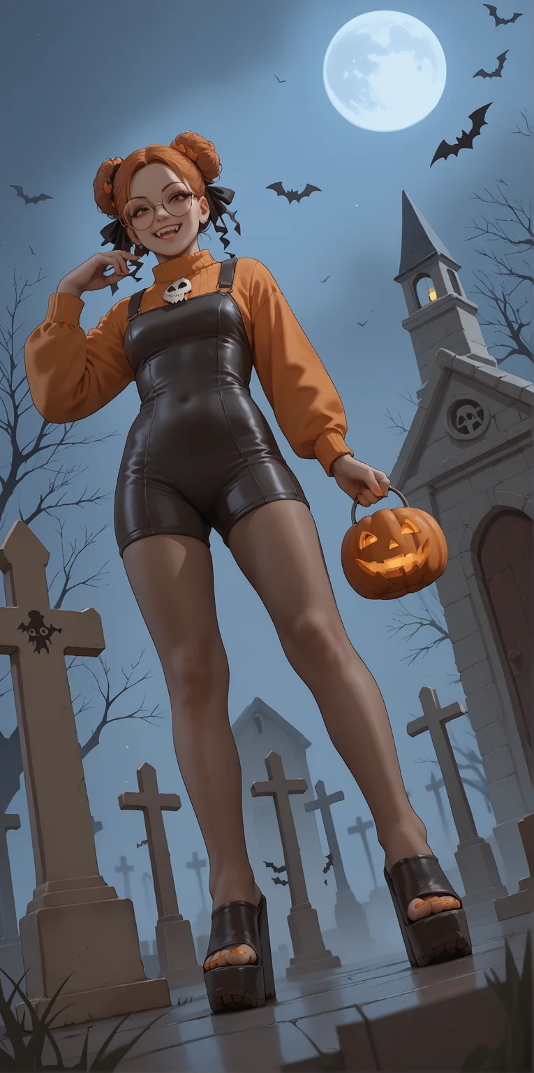 score_9, score_8_up, score_7_up, score_6_up, realistic,
wide angle, standing, low angle, foot focus, from side,
standing,
1girl, dark skin, goth, curly hair buns, round glasses, hair ornament, evil smile, fangs,
(mega wedge heels:1.1), platform footwear, (black footwear:1.1),
orange romper, skintight clothing,
halloween scene, fog, cemetery, night,
orange toenail polish,
embedding:zPDXLrl ,
embedding:zPDXL2 ,