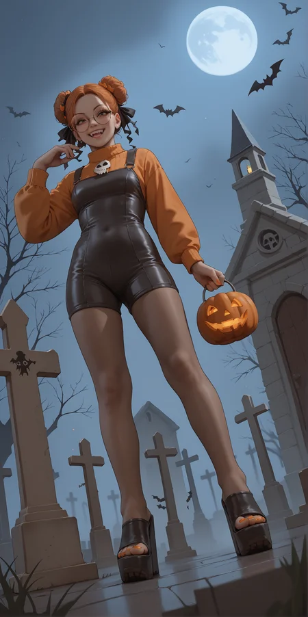 score_9, score_8_up, score_7_up, score_6_up, realistic,
wide angle, standing, low angle, foot focus, from side,
standing,
1girl, dark skin, goth, curly hair buns, round glasses, hair ornament, evil smile, fangs,
(mega wedge heels:1.1), platform footwear, (black footwear:1.1),
orange romper, skintight clothing,
halloween scene, fog, cemetery, night,
orange toenail polish,
embedding:zPDXLrl ,
embedding:zPDXL2 ,