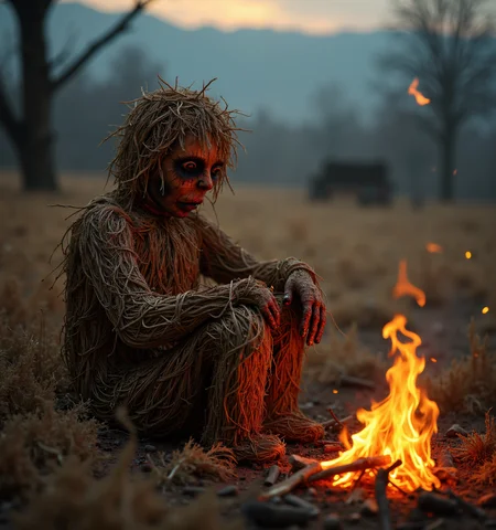 sad lonely scarecrow made out of straw and sticks sitting near a bonfire, depressing scenery