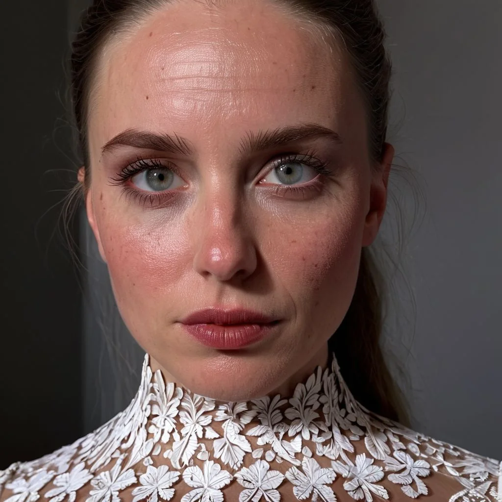 8k, RAW photo, highest quality), beautiful (white skin woman), close up, dress, (detailed eyes:0., (looking at the camera:1.4), (high-resolution image), (best shadow) , skin textures, intricate details, interior, studio,