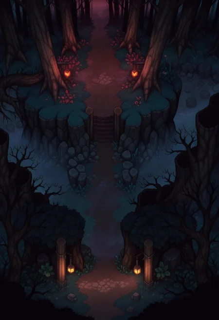 AMAZING QUALITY, MASTERPIECE, PARADOX PARALLAX, SCENERY, FROM ABOVE, HAUNTED, FOREST, FOG, TREES,  PLANTS, ROCKS