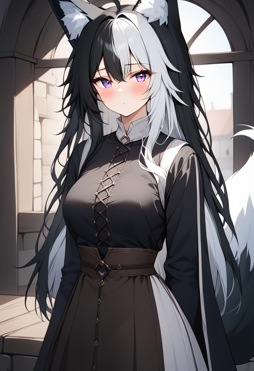 (score_9), (score_8_up), (score_7_up), masterpiece, source_anime, best quality, perfect anatomy, very aesthetic, absurdres, 1girl, ((Nemu, Foxgirl)), medieval, (Black Hair, (Black_Fox_Ears, Black_Fox_Tail, Left White Hair Highlight))