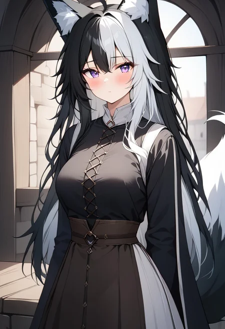 (score_9), (score_8_up), (score_7_up), masterpiece, source_anime, best quality, perfect anatomy, very aesthetic, absurdres, 1girl, ((Nemu, Foxgirl)), medieval, (Black Hair, (Black_Fox_Ears, Black_Fox_Tail, Left White Hair Highlight))