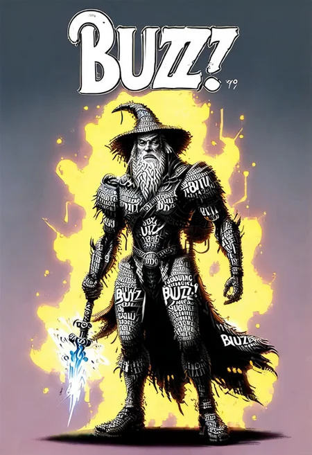 Wizard with magic staff, asking for buzz, (buzz! comics), comic book called 'buzz!' buzz fantasy, lightning bolt symbol, zz, 'BUZZ?' buzz?