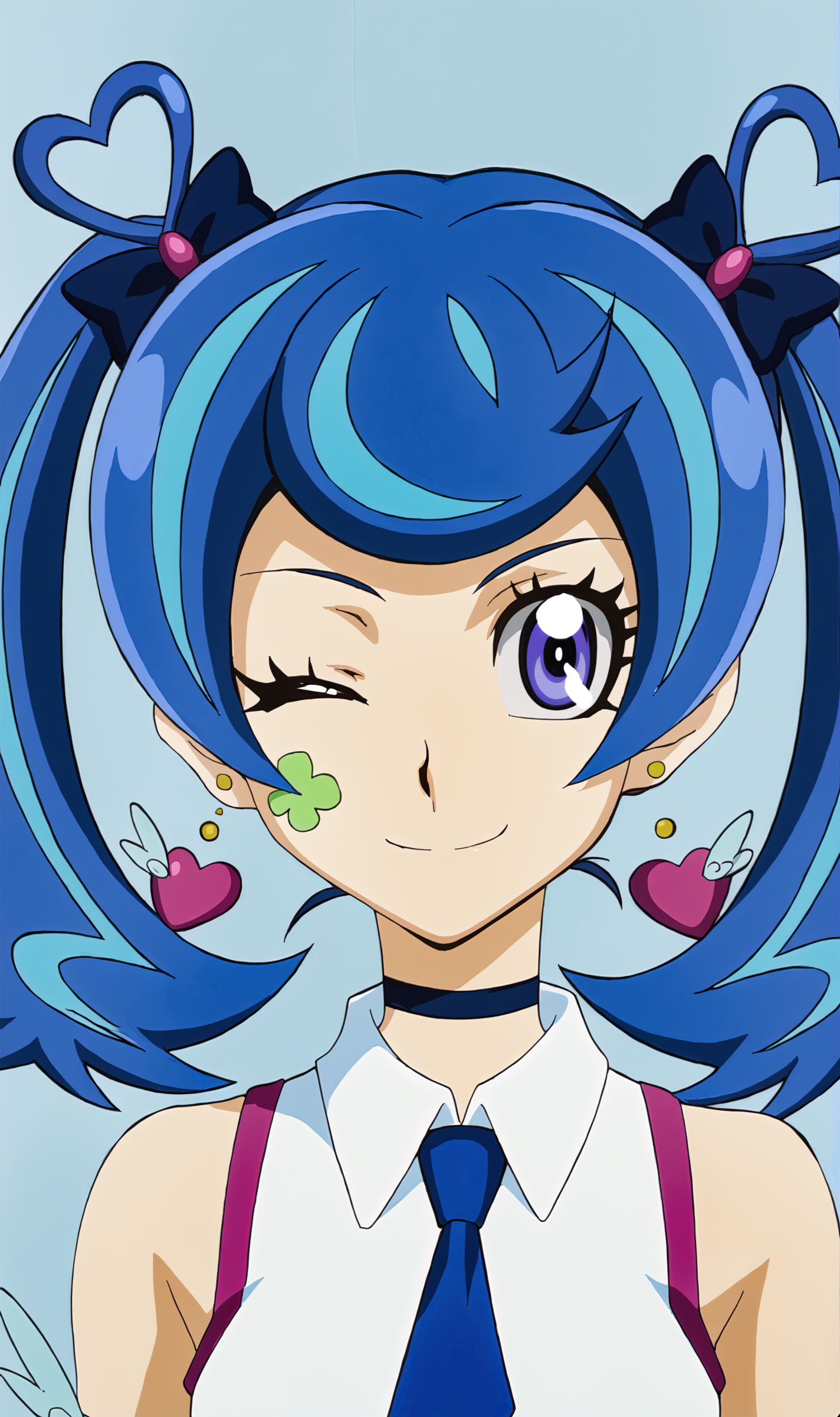 BA, 1girl, solo, blue hair, twintails, facial tattoo, purple eyes, heart earrings, choker, heart ahoge, hair bow, sleeveless shirt, blue necktie, wink, portrait, looking at viewer, smile, simple background, blue background, <lora:Blue Angel Pony XL:1>