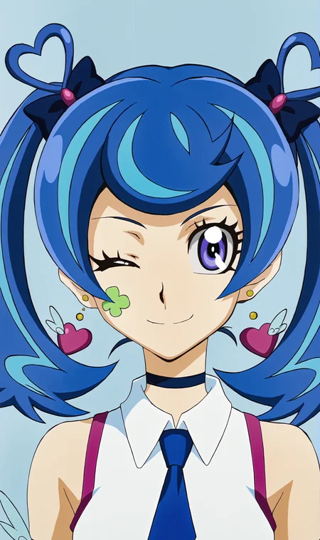 BA, 1girl, solo, blue hair, twintails, facial tattoo, purple eyes, heart earrings, choker, heart ahoge, hair bow, sleeveless shirt, blue necktie, wink, portrait, looking at viewer, smile, simple background, blue background, <lora:Blue Angel Pony XL:1>