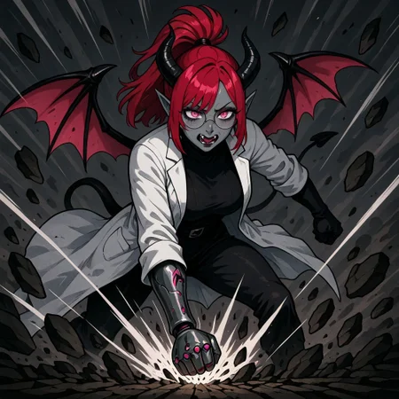 masterpiece, best quality, newest, absurdres, highres, ESPV1.0, punching, clenched hand, attack, rocks, 1girl, succubus, grey skin, goth, goth girl, goth makeup, grey colored skin, red hair, demon girl, horns, wings, bat wings, demon wings, red wings, lab coat, coat, single mechanical arm, glasses, round glasses, ponytail, high taied ponytail, side bangs, Oneprostethicarm, pink eyes, amputee, prosthesis, prosthetic arm, medium breasts, pointy ears,