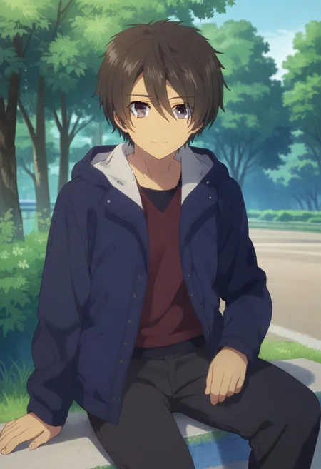 score_9, score_8_up, score_7_up, source_anime, highly detailed,
tsumugu, 1boy, male focus, solo, jacket, outdoors, hood, hair between eyes, red shirt, looking at viewer, pants, tree, shirt, sneakers, black eyes, dark brown hair, smile,
outdoor, sit,