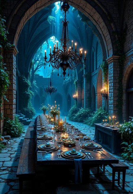 The Forgotten Banquet Hall of the Sidhe
A vast gothic Celtic banquet hall, hidden deep within an ancient, mist-shrouded forest. Crumbling stone walls, covered in dark ivy and ghostly white wisteria, rise high above a massive blackened oak table, set for an eternal feast of the Sidhe (fairy folk).
The hall is illuminated by floating blue flames, casting eerie light onto gilded goblets, silver-plated skulls, and plates of untouched, enchanted food that never decays. In the background, faint whispers echo through the stone corridors, as if the spirits of lost souls still haunt the great hall.
A massive iron chandelier, covered in wax-dripping black candles, hangs from the vaulted ceiling, its chains rattling softly with an unseen presence. Shadows twist unnaturally along the walls, as if something unseen moves just beyond the candlelight. The air is thick with the scent of damp earth, burning sage, and old wine, evoking the presence of the ancient Celtic underworld.