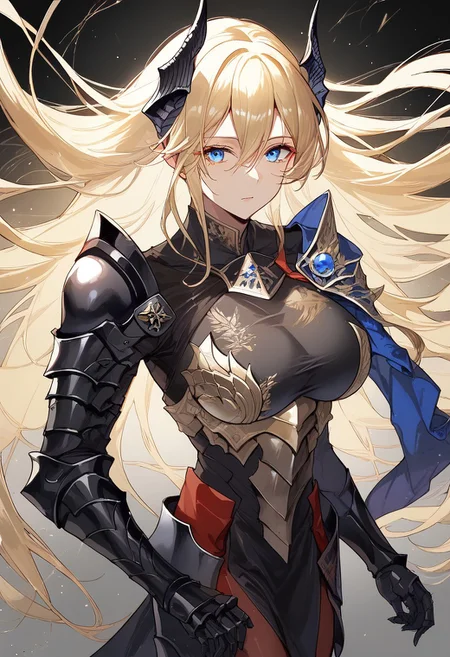 score_9, score_8_up, score_7_up, score_6_up, RAW, 8k, source_real, source_anime, cowboy shot, mlbszw, eldringpxl, elden ring, blue eyes, 1girl, solo, alternate costume, aura of red lightning, red lightning, dragon lord, dragon knight, full armor, plate armor, black armor, gold trim, breastplate, shoulder armor, pauldrons, leg armor, armored boots, cuisses, gauntlets, long hair, breasts, looking at viewer, blonde hair, very long hair, large breasts, military uniform, dragonlord placidusax, Expressiveh, azur lane, detail1eye,
