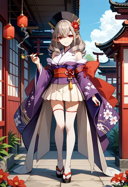 score_9,score_8_up,score_7_up,source_anime, Sophia Keren,1girl,solo,looking at viewer,smile,skirt,long sleeves,hair ornament,thighhighs,hat,holding,bare shoulders,standing,full body,flower,pleated skirt,parted lips,japanese clothes,pointy ears,hair flower,wide sleeves,kimono,off shoulder,nail polish,white thighhighs,sketch,black headwear,sash,sandals,floral print,obi,white skirt,red flower,otoko no ko,red nails,purple kimono,smoking pipe,kiseru,holding smoking pipe,