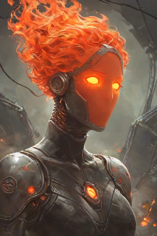 score_9,score_8_up,<lora:Turbo_XL:1>,1girl,maximum details,cybernetics,human-machine fusion,dystopian,organic meets artificial,dark,intricate,futuristic,technological,cybernetic enhancements,robotics,artificial intelligence themes,android,AI,machine,metal,wires,tech,biomechanical cyberpunk,<lora:FireHuman:1>,firehuman,colored skin,orange fireskin,fire,empty eyes,<lora:BeautyInEvilPony:0.6>,hkevil,<lora:HerrscherAGGA2024_Nameless_Style_V2:0.4>,nameless_style,<lora:thetwins:0.5>,TheTwinsSDXL,1girl,solo,robot,faceless,