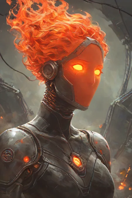 score_9,score_8_up,<lora:Turbo_XL:1>,1girl,maximum details,cybernetics,human-machine fusion,dystopian,organic meets artificial,dark,intricate,futuristic,technological,cybernetic enhancements,robotics,artificial intelligence themes,android,AI,machine,metal,wires,tech,biomechanical cyberpunk,<lora:FireHuman:1>,firehuman,colored skin,orange fireskin,fire,empty eyes,<lora:BeautyInEvilPony:0.6>,hkevil,<lora:HerrscherAGGA2024_Nameless_Style_V2:0.4>,nameless_style,<lora:thetwins:0.5>,TheTwinsSDXL,1girl,solo,robot,faceless,