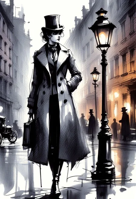 inksketch
A sharp-eyed female detective in a Victorian-era suit stands under a gas lamp, holding a magnifying glass. Cobblestone street, fog, horse-drawn carriage, top hat, trench coat, monocle, dramatic shadow, film noir.