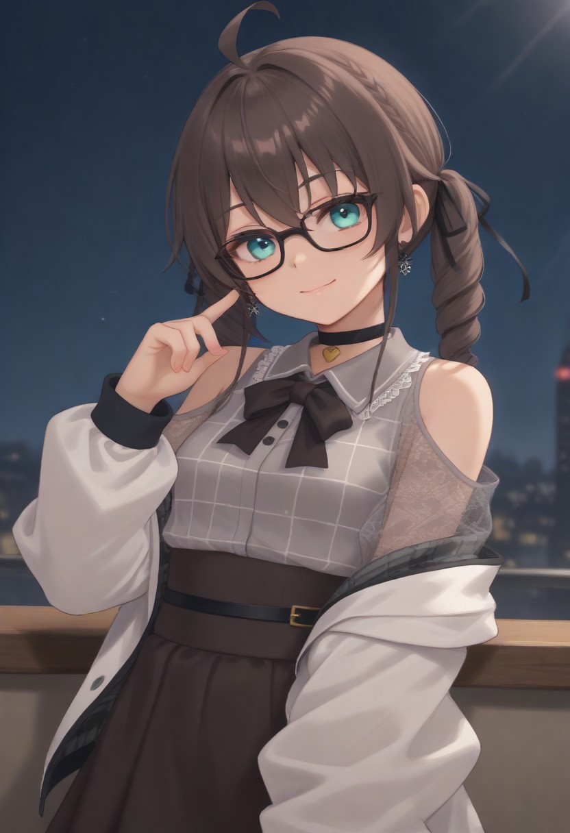 1girl, solo, solo focus, highres, absurdres, MatsuriMineGirl, brown hair, bangs, grey shirt, ahoge, twintails, black ribbon, black choker, hair between eyes, hair ribbon, brown skirt, shoulder cutout, collared shirt, flower earrings, black bowtie, blue eyes, white jacket, see-through sleeves, lace sleeves, plaid shirt, high-waist skirt, puffy short sleeves, medium hair, open jacket, small breasts, long sleeves, drill hair, black-framed eyewear, braid,
looking at viewer, evil smile, closed mouth, head tilt, hand up,
indoor, cityscape, neon lights, window, dark, night, night sky, 
light particles, backlighting, shade, light rays, lens flare, shiny skin, fine fabric emphasis,