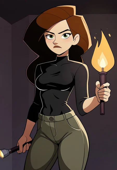 mangamaster, kim possible, black skintight shirt, cargo pants, dark room, holding torch, torch on, from slight angle, solo, slightly frightened,