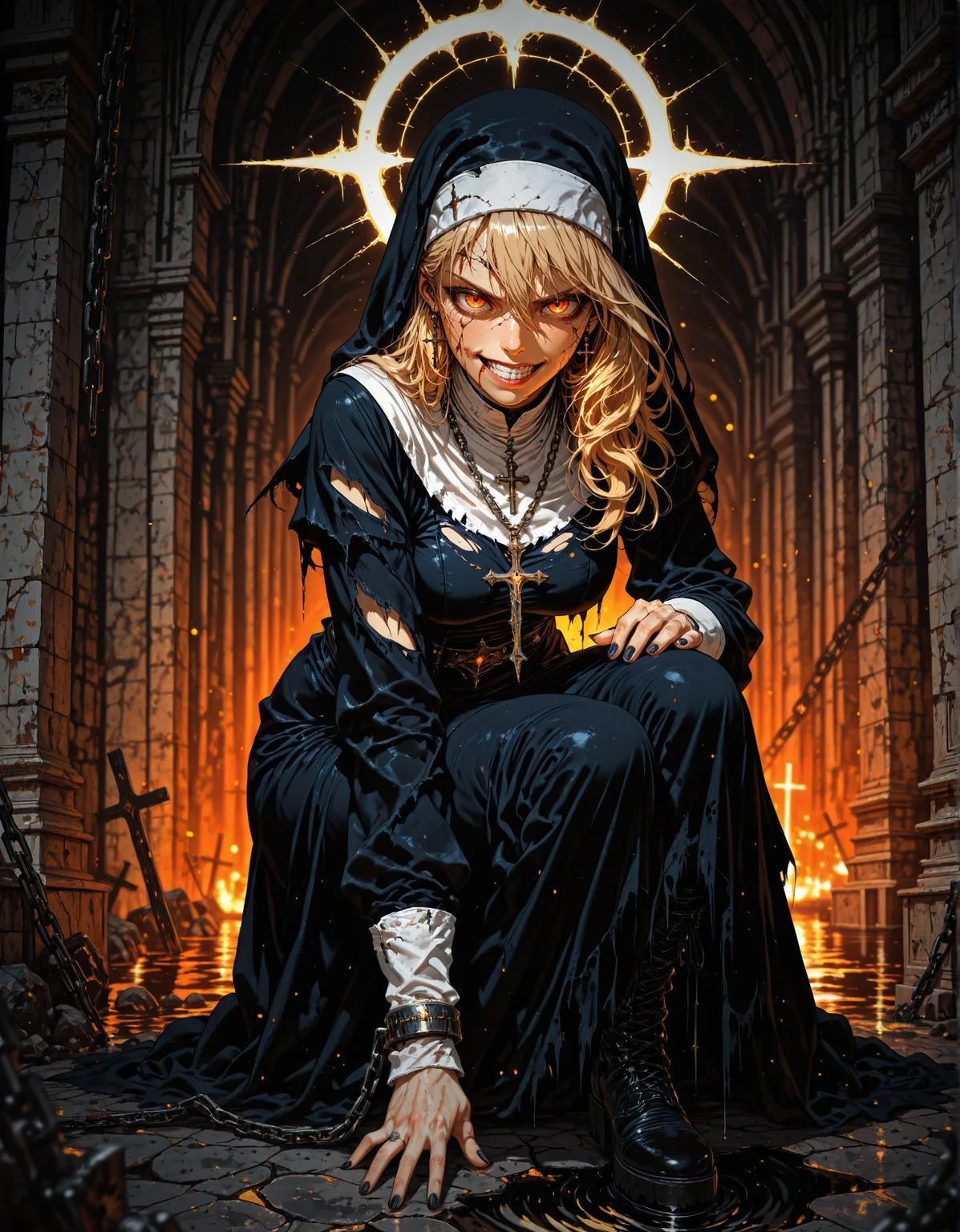 masterpiece, best quality,high quality, newest, highres,8K,HDR,absurdres, 1girl, solo, long_hair, looking_at_viewer, smile, blonde_hair, long_sleeves, red_eyes, dress, hair_between_eyes, jewelry, earrings, boots, teeth, black_footwear, necklace, water, blurry, grin, black_dress, halo, orange_eyes, torn_clothes, blood, depth_of_field, glowing, chain, squatting, light_brown_hair, cross, black_nails, glowing_eyes, nun, habit, cross_necklace, cross_earrings, torn_dress, latin_cross, torn, cracked_floor, coif
  <lora:iLLMythM4gicalL1nes:1> M4gicalL1nes