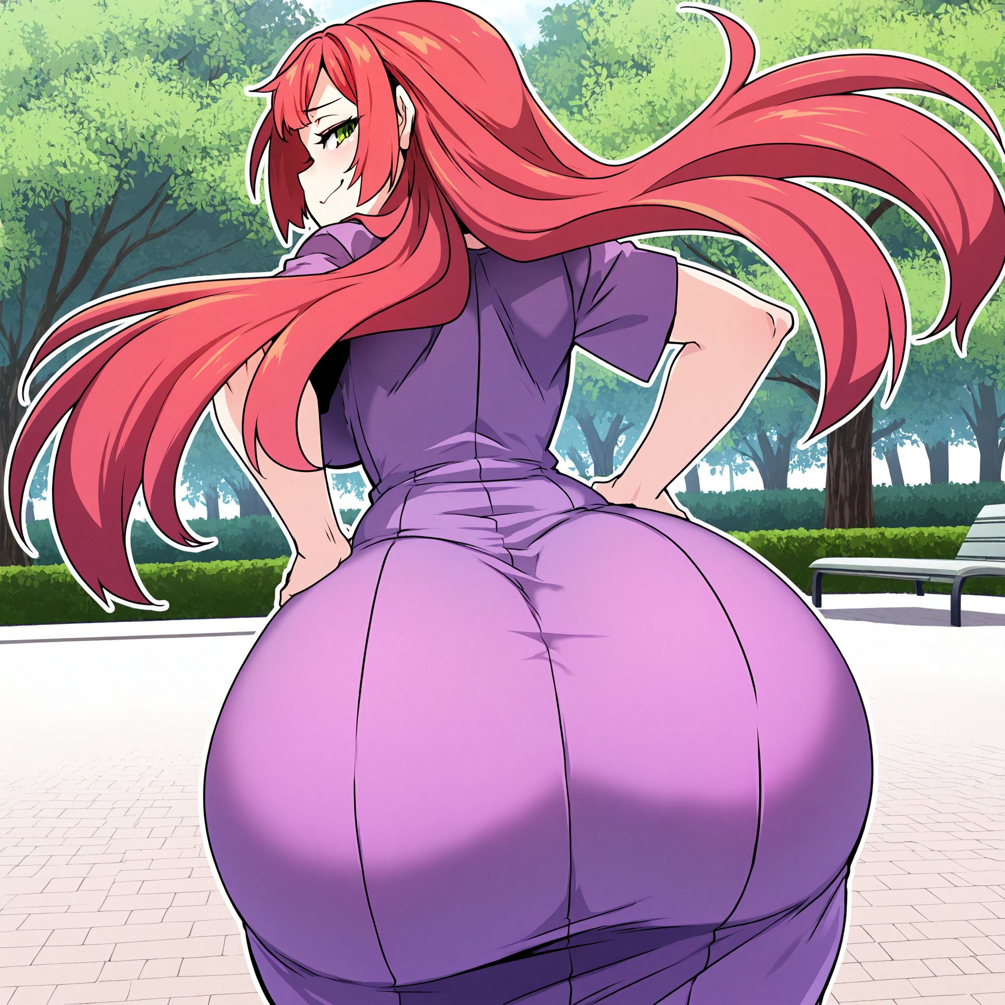 (masterpiece), best quality, (highly detailed), 1female, solo, <lora:Lazy_Ant_style_Illustrious:0.8>, park, purple dress, from behind, huge ass, hands on hips, red hair, long hair, green eyes, smug, looking back,