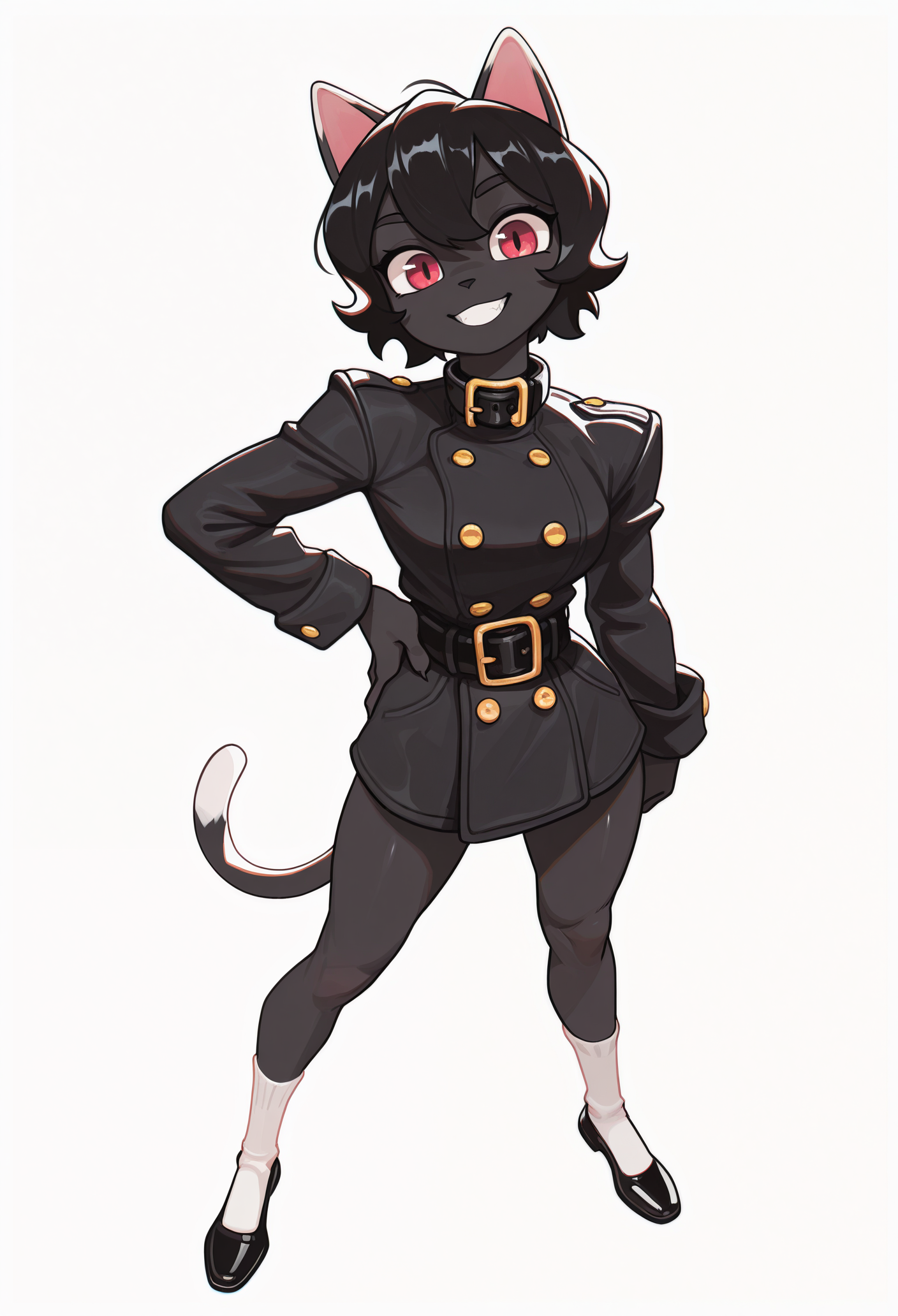 1girl, solo, white background, hand on own hip, grin, looking at viewer, 
furry female, cat girl, animal ears, black hair, short hair, black skin, red eyes, cat tail, 
black jacket, buttons, long sleeves, black belt, collar, white socks, black footwear, 
masterpiece, best quality, <lora:blackcat_(colo)-guy90-Illust-LoraV1:1>, oloalb