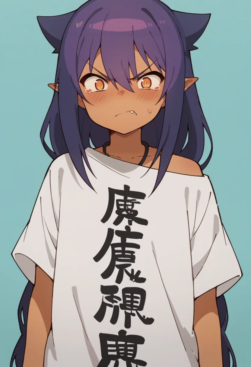 score_9, score_8_up, score_8, source_anime, 1girl, <lora:Jahy:0.85> solo, dark skin, dark-skinned female, long hair, hair between eyes, purple hair, pointy ears, shirt, white shirt, clothes writing, oversized clothes, blush, round mouth, angry, single fang,
light blue background, simple background,