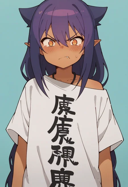 score_9, score_8_up, score_8, source_anime, 1girl, <lora:Jahy:0.85> solo, dark skin, dark-skinned female, long hair, hair between eyes, purple hair, pointy ears, shirt, white shirt, clothes writing, oversized clothes, blush, round mouth, angry, single fang,
light blue background, simple background,