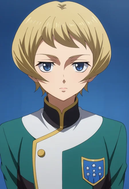 score_9,score_8_up,score_7_up,anime coloring BREAK source_anime,anime,<lora:Julieta_Juris_ORPHANS_Pony:0.8>,julieta,1girl,solo,blue eyes,blonde hair,short hair,gjallarhorn uniform,boots,multicolored background,looking at viewer,portrait,upper body,looking at viewer,