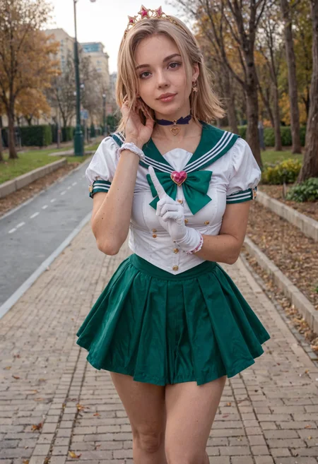 realistic, real life, score_9, score_8_up, score_7_up, skin-texture,   green eyes,forehead jewel,green hair,medium hair,tiara,brooch,choker,gloves,heart,heart brooch,jewelry,magical girl,sailor senshi uniform,skirt,star choker,white gloves,bow,green bow,green sailor collar,green skirt, (ok sign:1.1), (park:1.1),(summer:1.1),(dusk:1.1),(Snowy day:1.1), (full_shot:1.1),(full_body:1.1),front view,