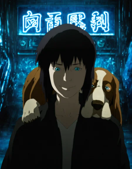 best quality, highres, absurdres, masterpiece,
1girl, kusanagi motoko, blue eyes, black hair, dog, basset hound, on shoulder, shadow, cinematic, anime screenshot, smile, indoors, neon lights,
(artist: sabudenego:0.4), (artist: abara heiki:0.4), (by soejima shigenori:0.4),
<lora:GITS 2 innocence Illustrious:0.7>