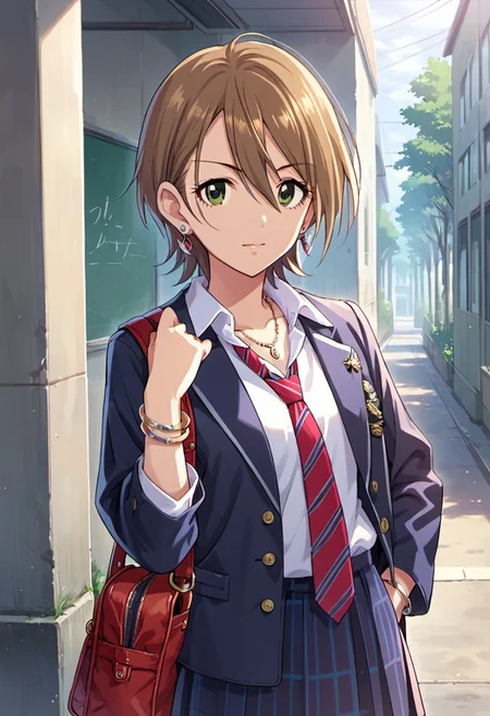 score_9, score_8_up, score_7_up, source_anime,kimura natsuki, short hair, brown hair, green eyes, 1girl, solo, jewelry, necktie, bag, earrings, necklace, school uniform, bracelet, jacket
