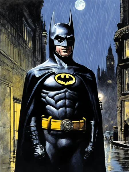 Colour pencil illustration of Batman in a rainy Gothic London street at night, dark sky, moon lit, by Robert McGinnis <lora:Batman89:0.7>