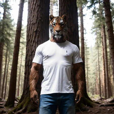 RAW photo, ultrares, man, 8k, 4k, detailed, in forest, white shirt, standing <lora:tiger_slider_v10:5>, looking at viewer