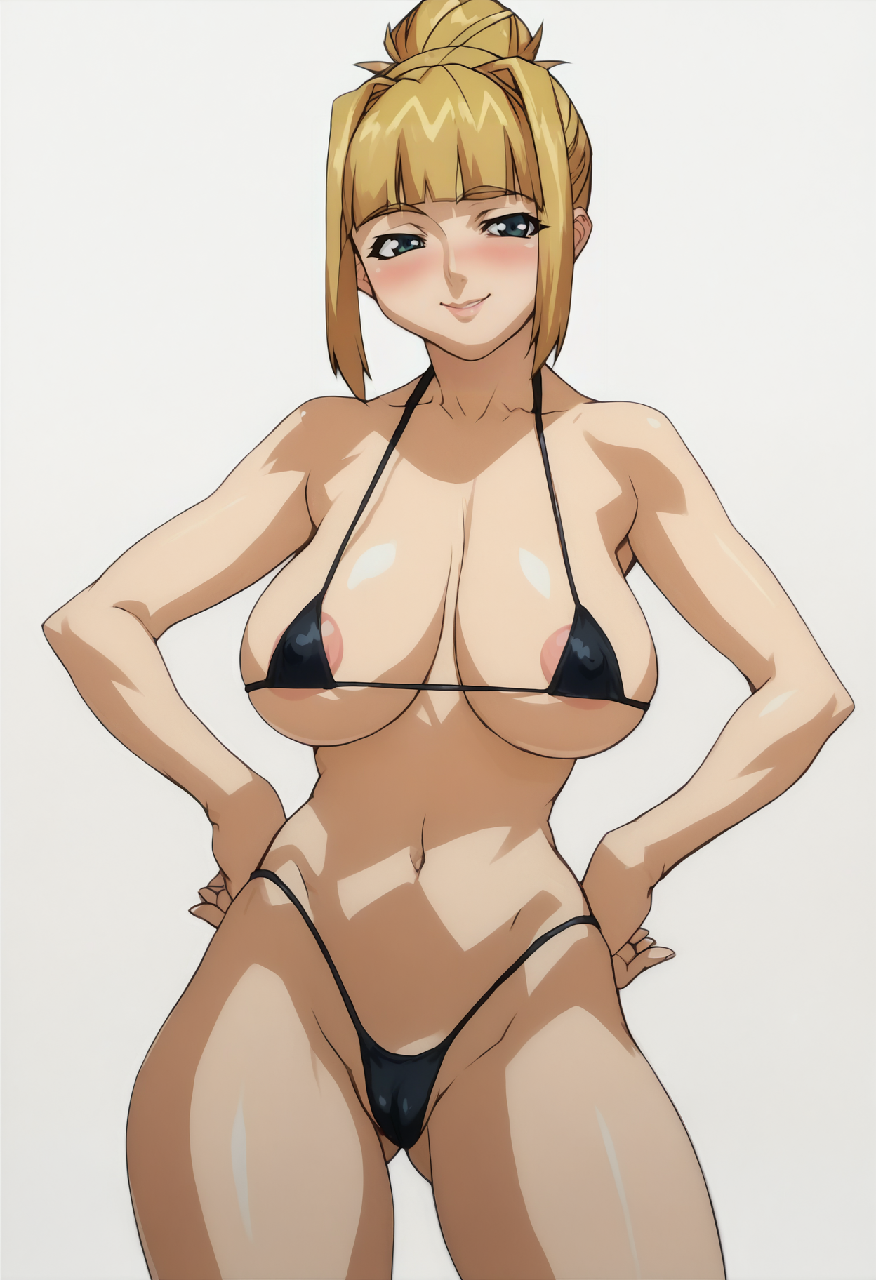 Masami Obari Style,
1girl, solo, uncensored,
standing, hands on own hips,
looking at viewer, half-closed eyes, blush, smile,
blonde hair, hair bun, blunt bangs,
large breasts,
bikini, black bikini, micro bikini, areola slip, cameltoe,
simple background, white background
 <lora:Masami_Obari_Style_PonyXL:1>, score_9, score_8_up, score_7_up, score_6_up, score_5_up, score_4_up,