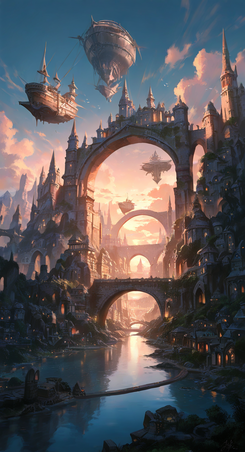 masterpiece, best quality, good quality, very awa, very aesthetic, absurdres, newest, Huge gate, airship, arch, bridge, city, cloud, fantasy, flying, landscape, no humans, outdoors, reflection, scenery, stone bridge, sunset, water, Wide Shot, <lora:spo_sdxl_10ep_4k-data_lora_webui:0.6> <lora:ponyv4_noob1_2_adamW-000017:0.7> <lora:USNR_STYLE_XL_lokr:0.45>
