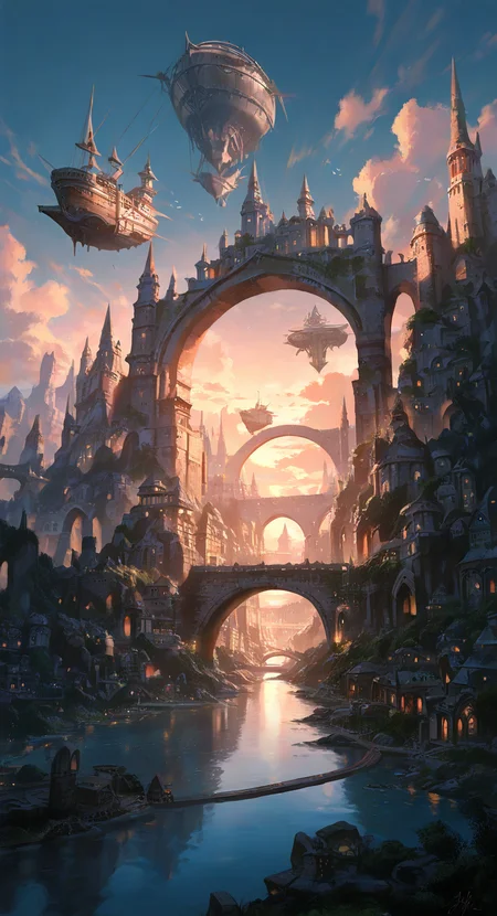 masterpiece, best quality, good quality, very awa, very aesthetic, absurdres, newest, Huge gate, airship, arch, bridge, city, cloud, fantasy, flying, landscape, no humans, outdoors, reflection, scenery, stone bridge, sunset, water, Wide Shot, <lora:spo_sdxl_10ep_4k-data_lora_webui:0.6> <lora:ponyv4_noob1_2_adamW-000017:0.7> <lora:USNR_STYLE_XL_lokr:0.45>