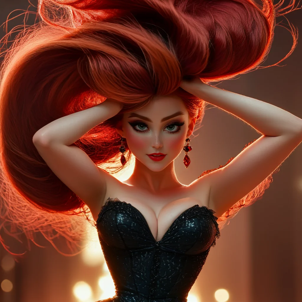 3D Fairytales, The image shows a woman with long red hair wearing a black dress standing in front of a blurred background. Her face is clearly visible with her eyes looking directly at the viewer., 1girl, solo, red hair, jewelry, dress, long hair, earrings, makeup, breasts, floating hair  <lora:3D_FairytalesSDXL:1>